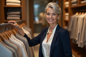 Femme élégante de 75 ans en veste marine et chemisier en soie dans une boutique parisienne chic
