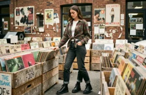 Jeune femme en tenue grunge des années 1994 avec chemise à carreaux et boots, feuilletant des vinyles dans un marché aux puces urbain