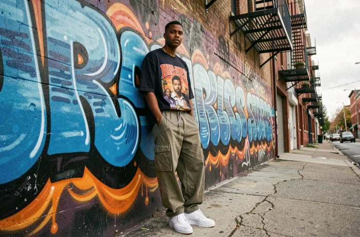 Jeune homme en tenue hip-hop baggy des années 90 posant devant un mur de graffiti urbain évoquant la culture de rue de 1994