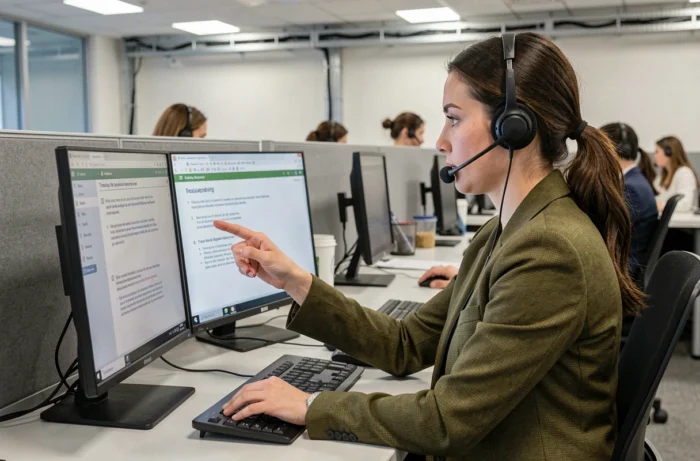 Conseillère support technique guidant un utilisateur pour résoudre un problème de connexion à un service administratif