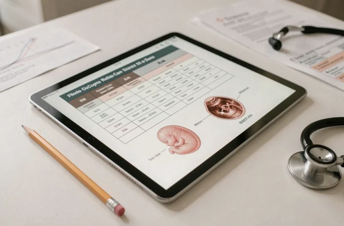Tablette médicale affichant un tableau de mesures du sac gestationnel par semaine d'aménorrhée