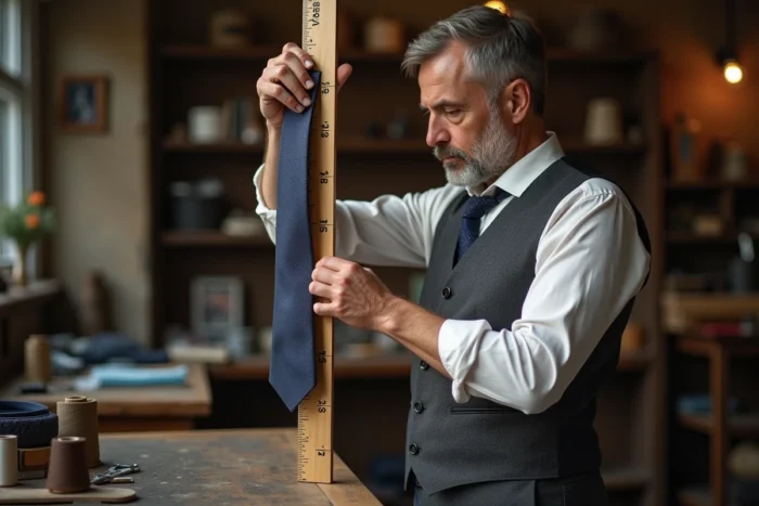 Tailleur artisan mesurant une cravate en soie contre une règle murale dans son atelier de confection