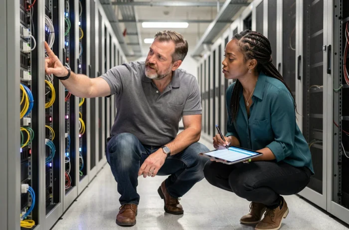 Deux techniciens réseaux inspectant une baie de serveurs pendant un audit de sécurité informatique en datacenter