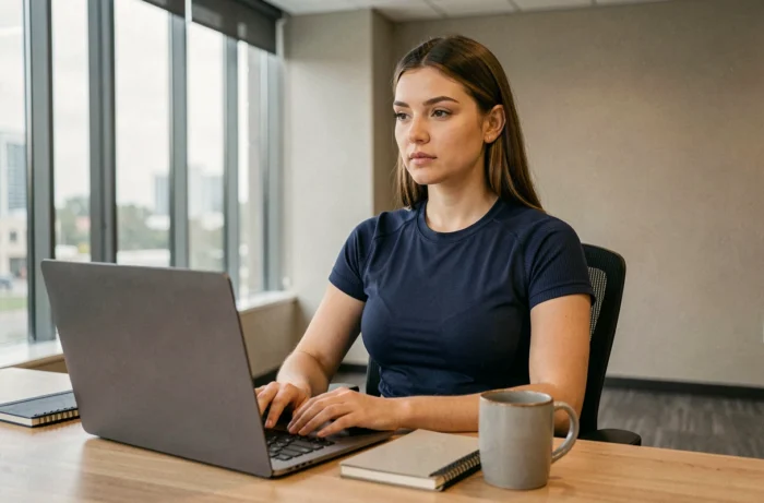 Femme en tee-shirt technique Percko bleu marine assise à un bureau moderne, illustrant le port au quotidien pour améliorer la posture au travail