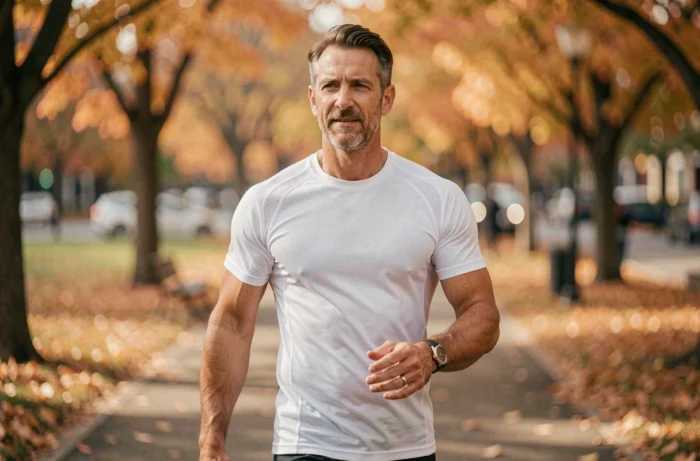 Homme portant un tee-shirt Percko blanc en promenade urbaine dans un parc en automne, témoignant du confort et du maintien postural en mouvement