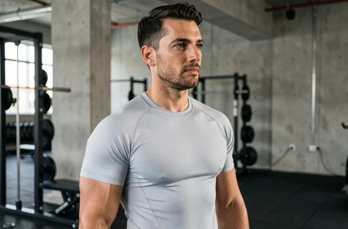 Homme portant un tee-shirt technique Percko gris en salle de sport, montrant le maintien postural et la coupe ergonomique du vêtement