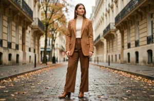 Femme en blazer camel oversize et pantalon large dans une rue pavée parisienne aux tons automnaux, style mode tendance saison