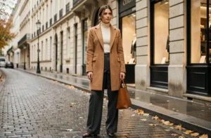 Femme élégante en manteau camel et pantalon large dans une rue parisienne pavée, look chic et moderne automne-hiver