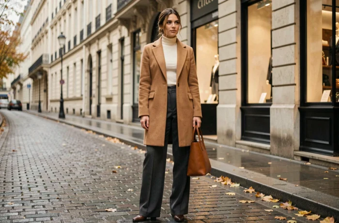 Femme élégante en manteau camel et pantalon large dans une rue parisienne pavée, look chic et moderne automne-hiver