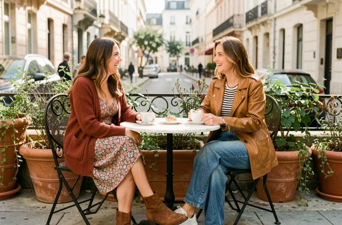 Deux femmes en tenues tendance automne assises en terrasse de café parisien, looks superposés chic et décontractés