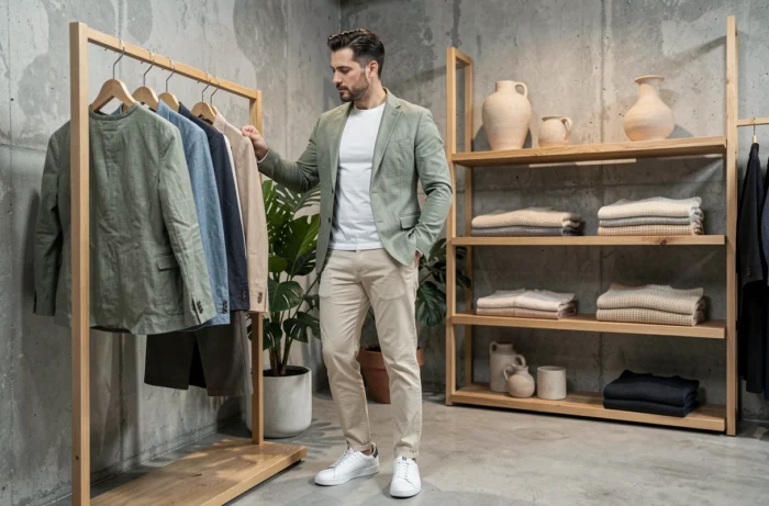 Homme en blazer vert sauge et chino écru dans un concept store moderne, style masculin tendance saison