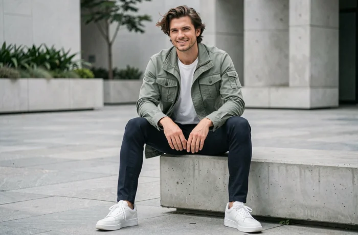 Homme en veste utilitaire verte structurée et sneakers blanches assis dans une place urbaine minimaliste, look mode tendance masculin