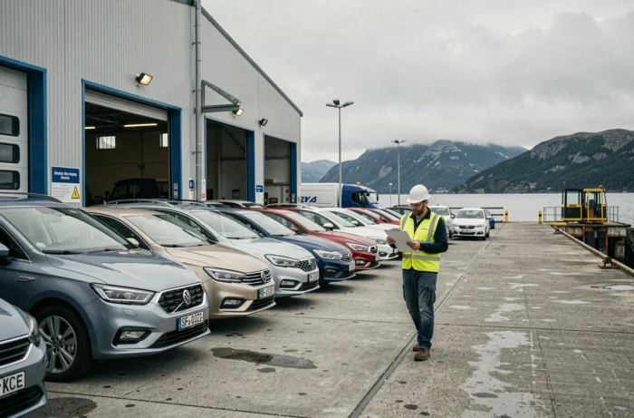 Terminal maritime norvégien avec des voitures en attente d'exportation vers la France