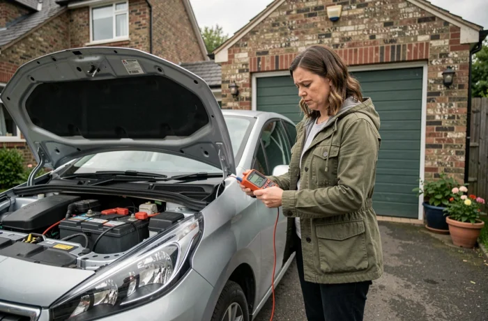 Femme effectuant un test au multimètre sur la batterie d'une Peugeot 208 dans une allée résidentielle