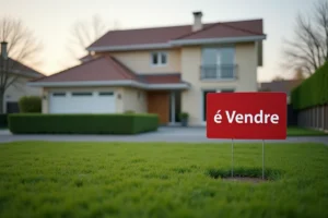 Maison individuelle à vendre après un divorce avec panneau immobilier sur la pelouse