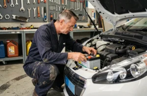 Technicien automobile inspectant une nouvelle batterie sous le capot d'une Peugeot 208 dans un atelier mécanique professionnel