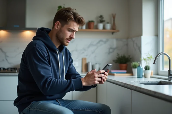 Jeune homme vérifiant ses résultats de permis de conduire sur son smartphone dans une cuisine moderne