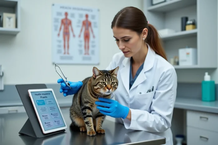 Vétérinaire examinant un chat tigré dans une clinique avec une tablette affichant des offres de mutuelle animale