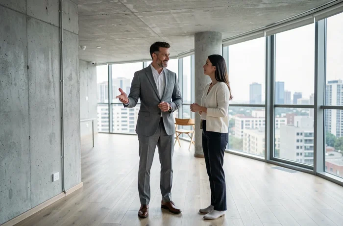 Agent immobilier faisant visiter un appartement contemporain à une cliente potentielle