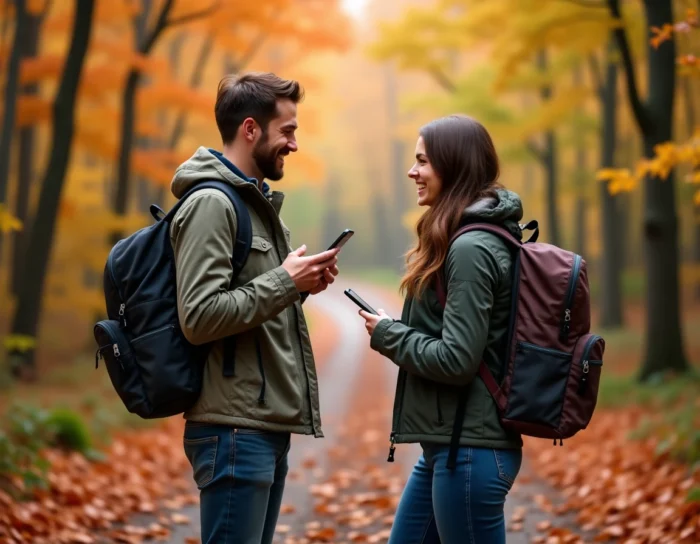 Deux voyageurs en forêt automnale colorée consultant leur téléphone sur un sentier de randonnée, destinations d'automne