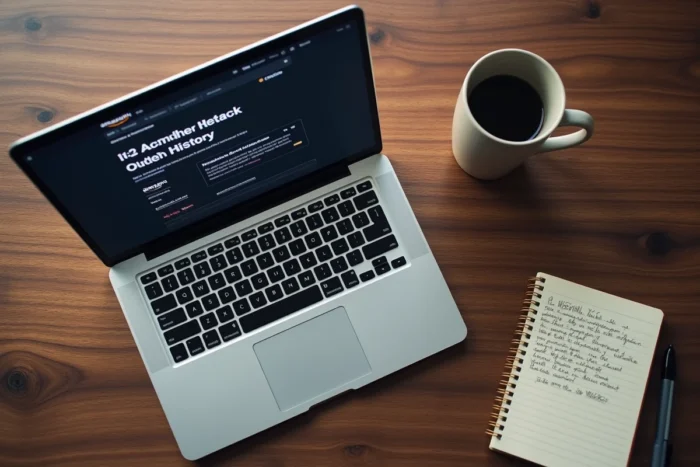 Vue aérienne d'un bureau avec un ordinateur affichant l'historique Amazon et des notes sur la confidentialité