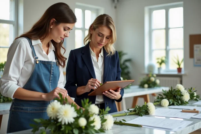 Wedding planner et fleuriste finalisant les préparatifs floraux d'un mariage dans une salle de préparation moderne et élégante